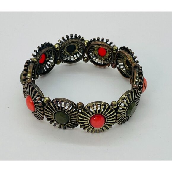 Vintage Sunburst Stretch Boho Bracelet Orange & Green Stones Gift Festival - Picture 2 of 4